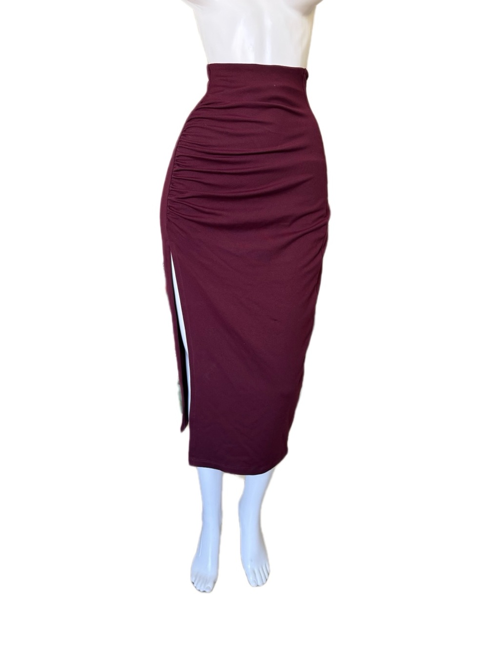 Susana Monaco Burgundy Ruched Midi Skirt with Side Slit